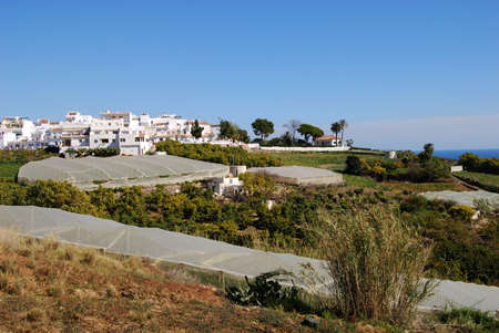 View of the village with crops growing under poly-tunnels in the foreground, Maro, Costa del Sol, Malaga Province, Andalucia, Spain, Western Europe の写真素材