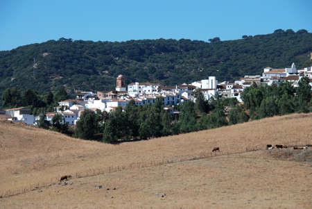 View of whitewashed village  pueblo blanco  and surrounding countryside with a castle on top of the hill, Jimena de la Frontera, Cadiz Province, Andalucia, Spain, Western Europe の写真素材