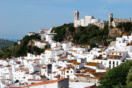 View of the town and surrounding countryside, pueblo blanco, Casares, Costa del Sol, Malaga Province, Andalucia, Spain, Western Europe の写真素材