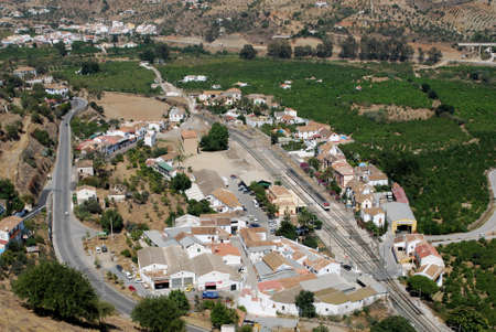 Railway station and surrounding countryside seen from the castle, Alora, Malaga Province, Andalucia, Spain, Western Europe の写真素材