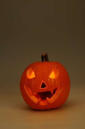 Scary face cut into pumpkin for Halloween  lit from the inside , Urbanisation Calypso, Mijas Costa, Costa del Sol, Malaga Province, Andalucia, Spain, Western Europe の写真素材