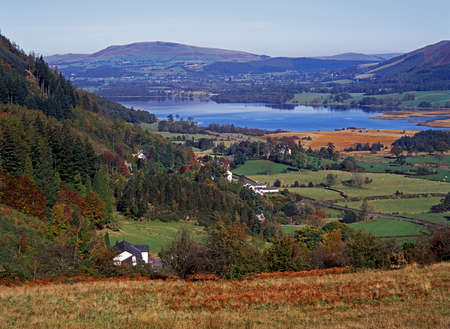 Bassenthwaite Lake surrounded by rolling hills and fields, and whitewashed houses, Bassenthwaite,...