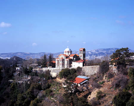 Church in typical Troodos mountain village, Platres, Troodos Mountains, Cyprus 