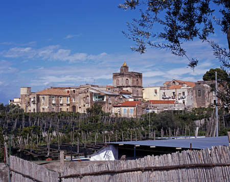 View of the town will allotments in the foreground, Massa Lubrense, Campania, Italy, Europeの写真素材