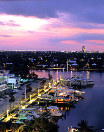 View over the harbour at night from an elevated position, Fort Lauderdale, Florida, USA の写真素材