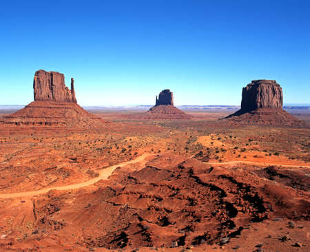 Rock formations knows as  left to right  West Mitten Butte, East Mitten Butte and Merrick Butte, Monument Valley, Utah Arizona, United States of America の写真素材