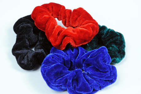 Four velvet hair scrunchies, Costa del Sol, Malaga Province, Andalucia, Spain, Western Europe の写真素材