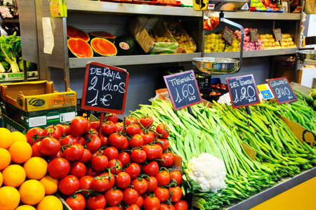 Malaga, Spain - June 14, 2011 - Fruit and vegetable stall in the indoor market  Mercado de Atarazanas , Malaga, Costa del Sol, Malaga Province, Andalusia, Spain, Western Europe のeditorial素材
