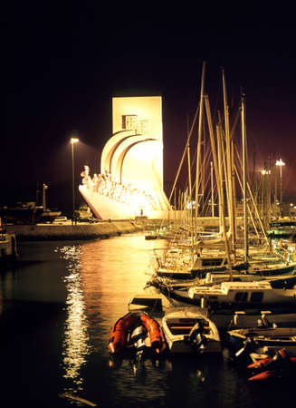 Lisbon, Portugal - Circa April, 1992 - Monument to the discoveries and yacht basin at night, Lisbon, Portugal, Western Europe のeditorial素材