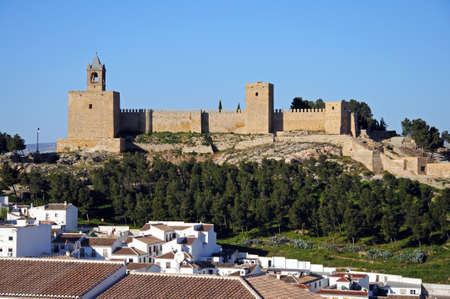 Castle fortress with trees in the foreground, Antequera, Malaga Province, Andalucia, Spain, Western Europe の写真素材