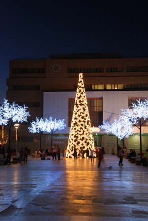 The Town Hall  Ayuntamiento  at night with Christmas tree and lights in foreground Fuengirola, Costa del Sol, Malaga Province, Spain, Western Europe のeditorial素材