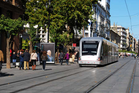 Seville, Spain - November 15, 2008 - Tram on the Avenida de la Constitucion, Seville, Andalusia,...