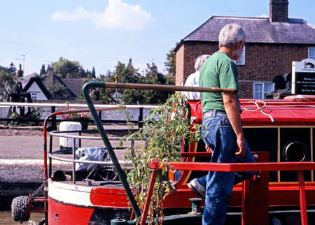 Stoke Bruerne, UK - Circa August 1993 - Narrow boats side by side on the Grand Union canal at Stoke Bruerne, Northamptonshire, England, UK, Western Europe のeditorial素材