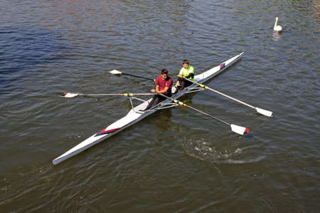 Stratford-upon-Avon - United Kingdom - May 18, 2014 - Coxless pair rowing along the River Avon,...
