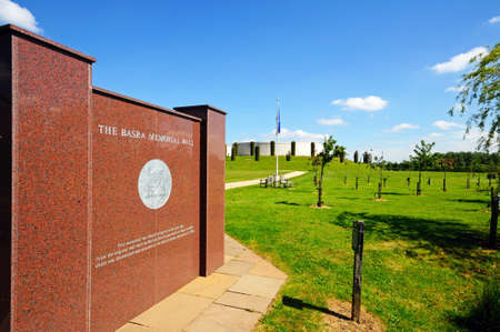 Alrewas, United Kingdom - May 21, 2014 - Basra Memorial Wall with the Armed Forces Memorial to the rear, National Memorial Arboretum, Alrewas, Staffordshire, England, UK, Western Europe のeditorial素材