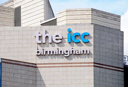 Part of the International Convention Centre showing the name, Centenary Square, Birmingham, England, UK, Western Europe のeditorial素材