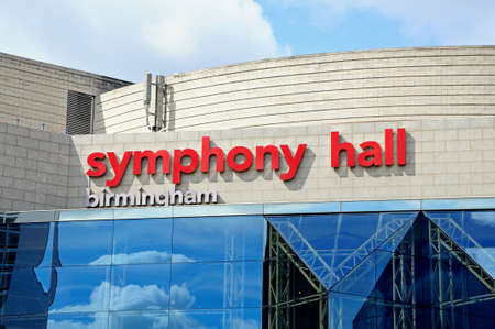 Birmingham, United Kingdom - May 14, 2014 - Part of the Symphony Hall building showing the name, Centenary Square, Birmingham, England, UK, Western Europe のeditorial素材