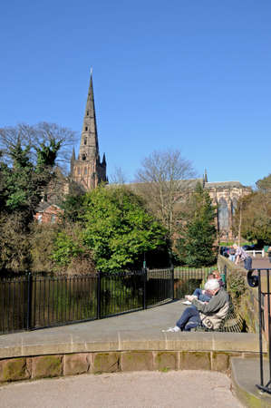 Lichfield, UK - March 9, 2014 - Cathedral central spire viewed from the North end of Minster Pool, Lichfield, Staffordshire, England, UK, Western Europe のeditorial素材
