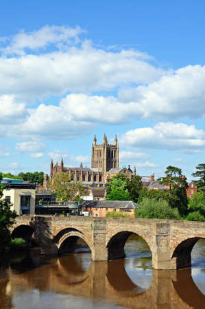 Hereford, United Kingdom - June 5, 2014 - View of the Cathedral, the Wye Bridge and the River Wye, Hereford, Herefordshire, England, UK, Western Europe のeditorial素材