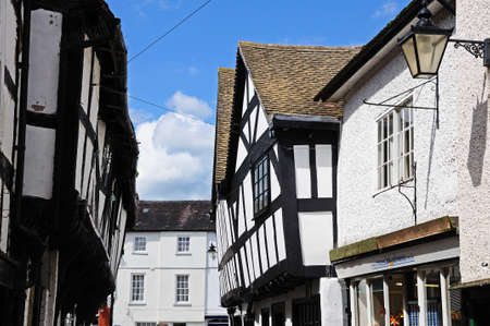 Leominster, United Kingdom - June 5, 2014 - Black and white timbered buildings along School Lane, Leominster, Herefordshire, England, UK, Western Europe のeditorial素材