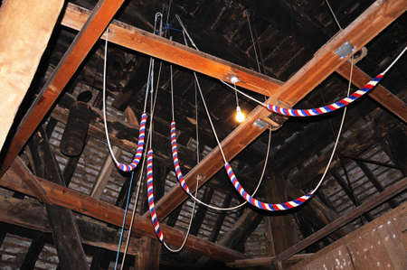 Bell ringing ropes inside St Marys church bell tower, Pembridge, Herefordshire, England, UK, Western Europe のeditorial素材
