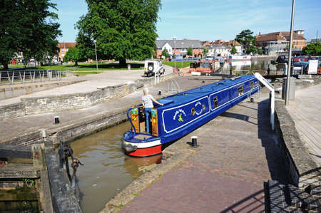 Stratford-upon-Avon, United Kingdom - June 12, 2014 - Narrowboats in the canal basin, Stratford-upon-Avon, Warwickshire, England, UK, Western Europe   のeditorial素材