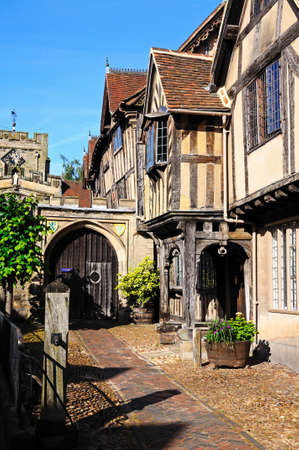 Warwick, United Kingdom - June 12, 2014 - View of the Lord Leycester Hospital and St James Chapel along High Street, Warwick, Warwickshire, England, UK, Western Europe のeditorial素材