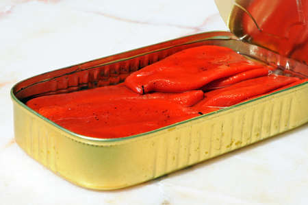 Open tin of red peppers  Pimientos del piquillo enteros  Asados con Lena  , Andalusia, Spain, Western Europe の写真素材