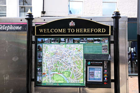 Hereford, United Kingdom - June 5, 2014 - Welcome to Hereford sign and map with map dispenser,...