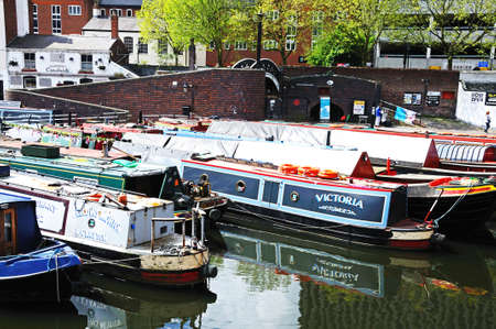 Birmignham, UK - May 14, 2014 - Narrowboats in Gas Street Canal Basin, Birmingham, West Midlands, England, UK, Western Europe のeditorial素材