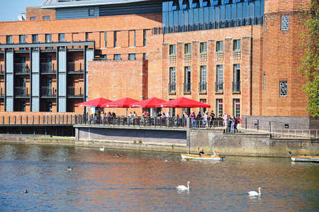 Stratford-upon-Avon, UK - May 18, 2014 - Royal Shakespeare Company Theatre along the River Avon, Stratford-Upon-Avon, Warwickshire, England, United Kingdom, Western Europe のeditorial素材