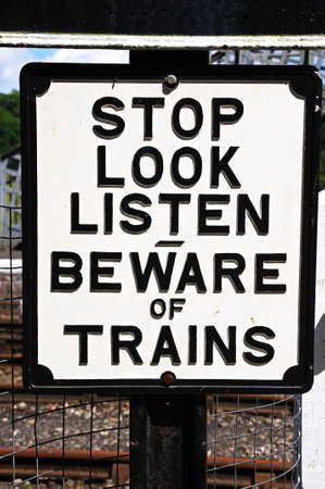 Old Retro beware of trains sign, Severn Valley Railway, Highley, Worcestershire, England, UK, Western Europe の写真素材
