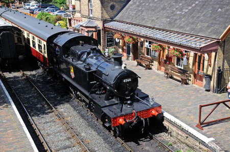 Arley, UK - July 10, 2014 - Small Prairie Tank Locomotive 4500 Class 2-6-2T number 4566 at the railway station, Severn Valley Railway, Arley, Worcestershire, England, UK, Western Europe のeditorial素材