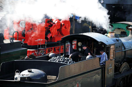 Bridgnorth, UK - July 10, 2014 - Locomotive crew reversing the Steam Locomotive 7800 Class 4-6-0...