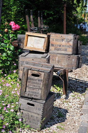 Arley, UK - July 10, 2014 - Old wooden crates on the railway platform, Severn Valley Railway, Arley,...