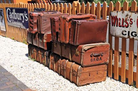 Arley, UK - July 10, 2014 - Traditional old leather suitcases on the railway platform, Severn Valley Railway, Arley, Worcestershire, England, UK, Western Europe のeditorial素材