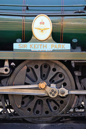 Bridgnorth, UK - July 10, 2014 - Southern Region Battle of Britain class steam locomotive number 34053 \"Sir Keith Park\" showing the nameplate and distinctive Bulleid Firth Brown wheels, Bridgnorth; Shropshire, England, UK, Western Europe.のeditorial素材
