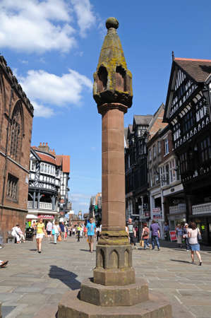 Chester, UK - July 22, 2014 - The High Cross with views along Eastgate Shopping Street, Chester, Cheshire, England, UK, Western Europe.のeditorial素材