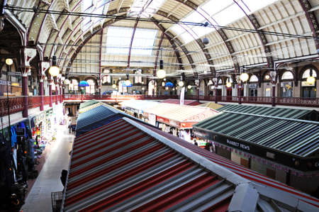 Derby, United Kingdom - July 17, 2014 - View of the ceiling detail above the market stalls inside the restored Victorian Market Hall, Derby, Derbyshire, England, UK, Western Europe.のeditorial素材