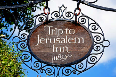 Nottingham, UK - July 17, 2014 - Ye Olde Trip to Jerusalem Inn sign, reputed to be the oldest...