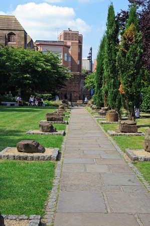Chester, UK - July 22, 2014 - Pathway through the Roman Gardens, Chester, Cheshire, England, UK, Western Europe.のeditorial素材