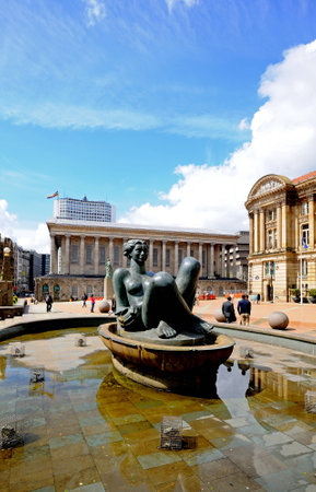Birmingham, UK - May 14, 2014 - The River Fountain (aka The Floozie in the bathtub) with the Town Hall to the rear, Victoria Square, Birmingham, West Midlands, England, UK, Western Europe.のeditorial素材