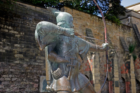 Nottingham, UK - July 17, 2014 - Robin Hood statue gifted to city by businessman Philip EF Clay being unveiled on 24th July 1952, Nottingham, Nottinghamshire, England, UK, Western Europe.のeditorial素材