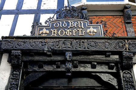 Derby, UK - July 17, 2014 - Ornate woodwork Old Bell Hotel built in 1650, Derby, Derbyshire, England, UK, Western Europe.のeditorial素材