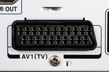21 pin Scart sockets on HDD/AV appliance, England, UK, Western Europe.の写真素材