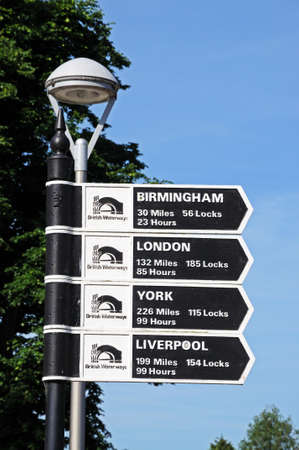 Canal mileage sign showing distances to various destinations, Stratford-upon-Avon, Warwickshire,...