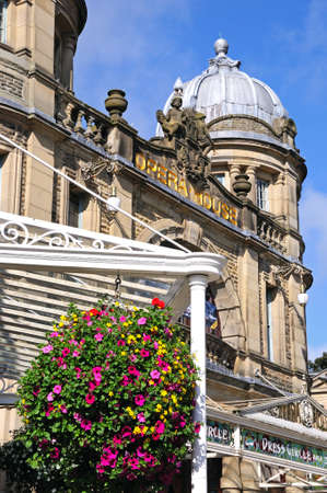 Buxton, UK - September 7, 2014 - Front view of the Opera House with a hanging basket in the foreground, Buxton, Derbyshire, England, UK, Western Europe.のeditorial素材