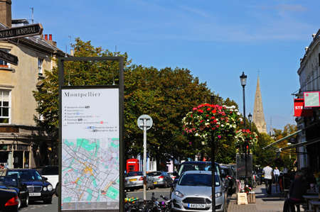Cheltenham, UK - September 8, 2014 - View along the High Street with a Montpellier plan in the foreground, Cheltenham, Gloucestershire, England, UK, Western Europe.のeditorial素材