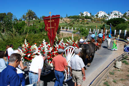 Marbella, Spain - June 8, 2008 - The bull cart during the Romeria San Bernabe procession, Marbella, Costa del Sol, Malaga Province, Andalusia, Spain, Western Europe.のeditorial素材