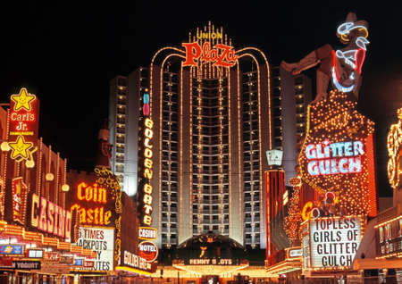 Union Plaza hotel and casino in the downtown district at night, Las Vegas, Nevada, USA.のeditorial素材